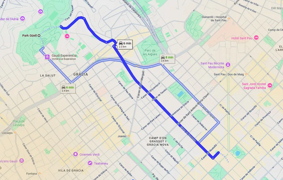 How to Fit Both Park Güell and Sagrada Familia Into One Day - Google map