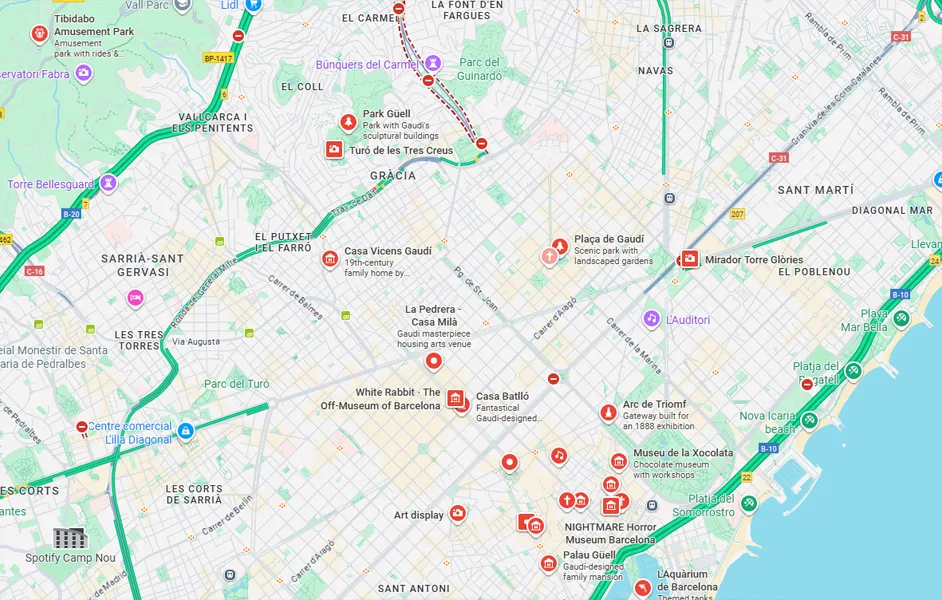 Google map of Sagrada Familia with nearby attractions