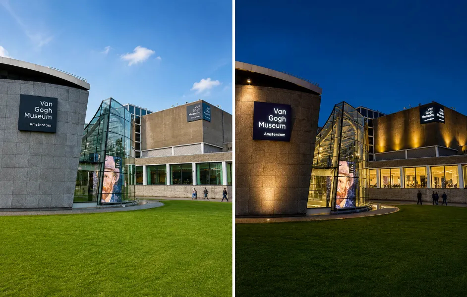 photo of the museum exterior at different times of day